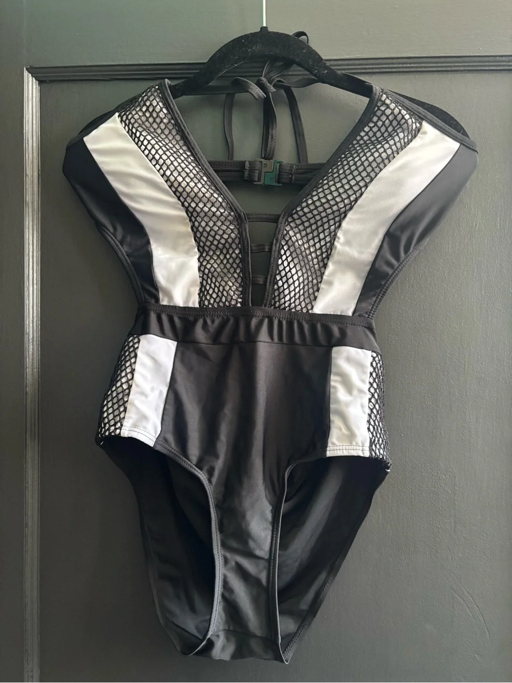 SHEIN Black and White One-Piece Swimsuit with Mesh Panels Sz Lg